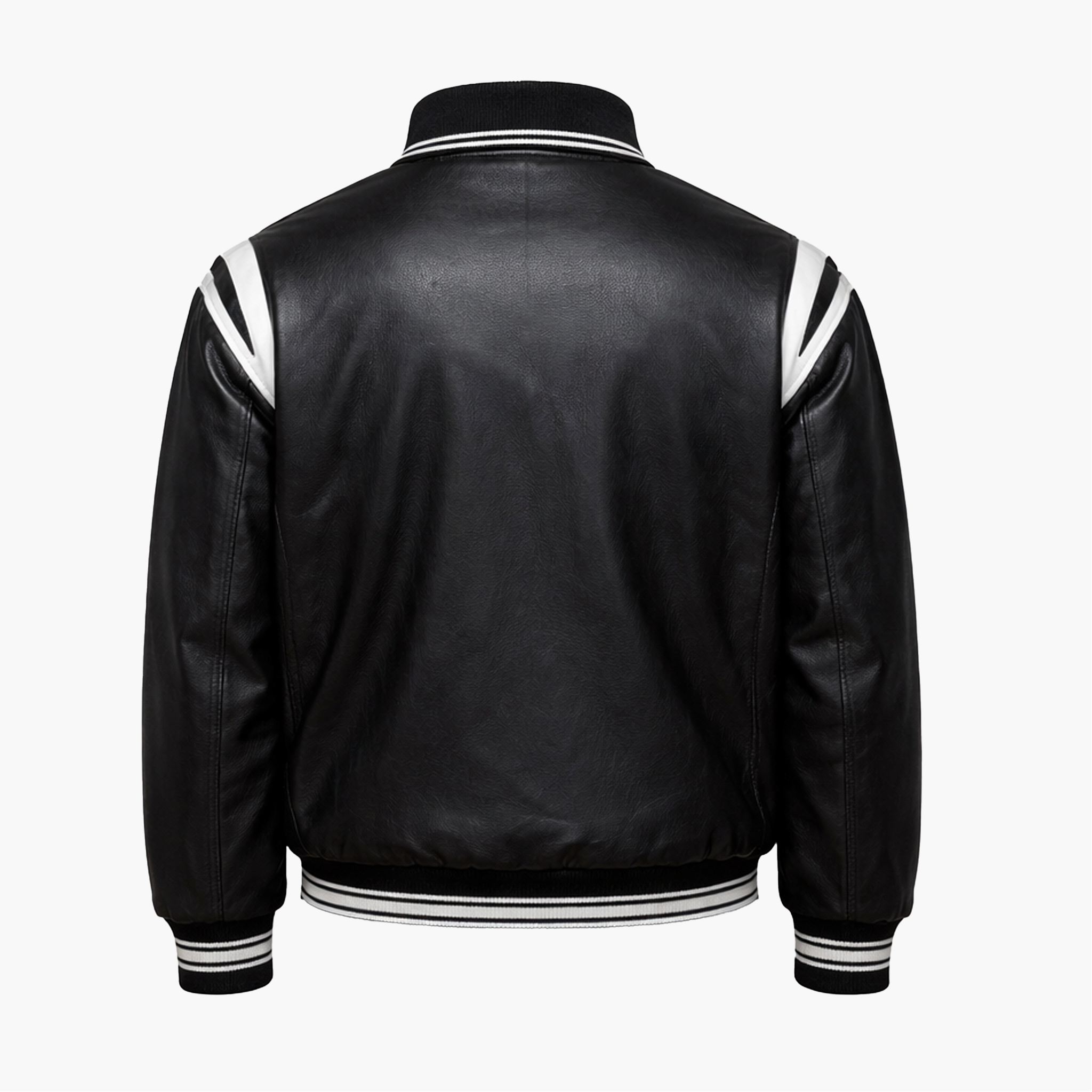 Veste Noire Style Varsity en Similicuir – Détails Contrastés