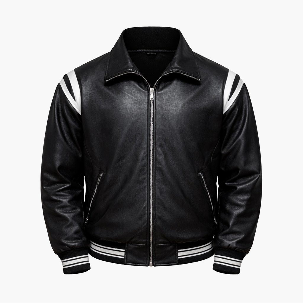 Veste Noire Style Varsity en Similicuir – Détails Contrastés