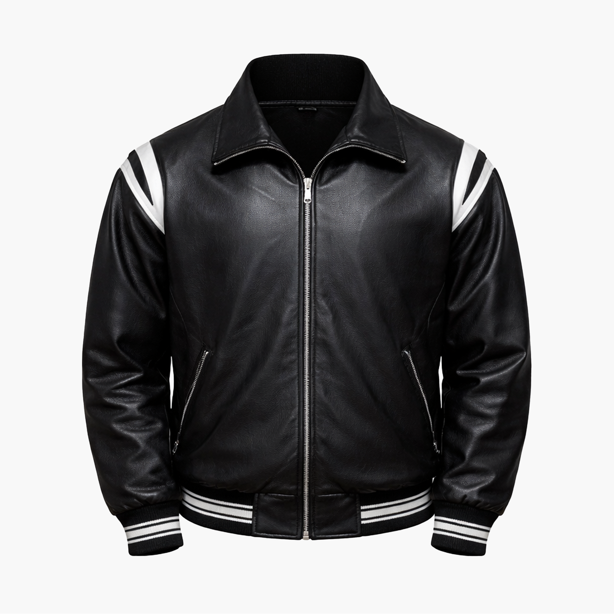 Veste Noire Style Varsity en Similicuir – Détails Contrastés